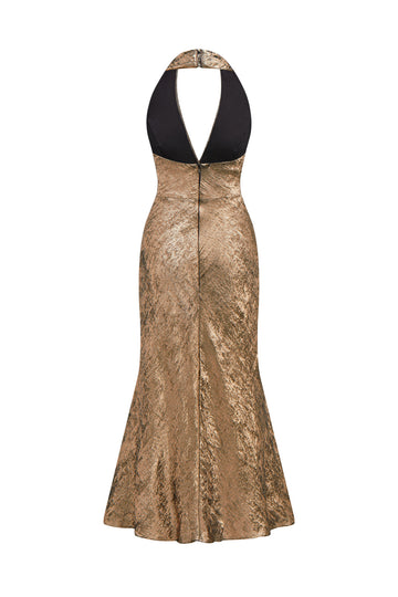 Golden Halter Neck Sereia Cetim Midi Cocktail Dress